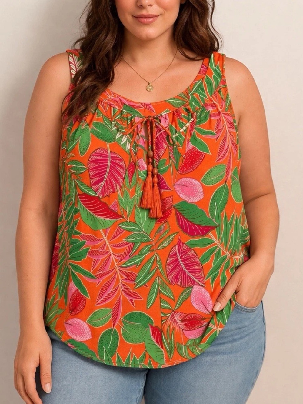 Rose & Olive Orange Tropical Tassel Tank with Pink & Green Leaf Print